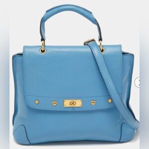 MCM First Lady Tote Light Blue Leather Top Handle Bag Adjustable Strap Authentic